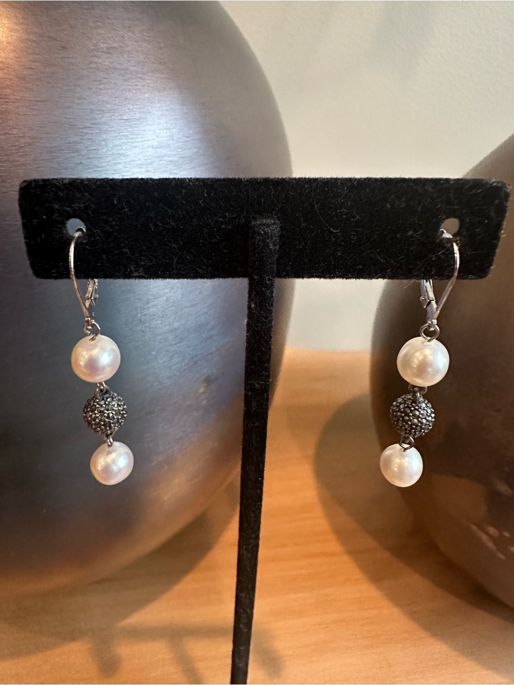 Judith Jack Pearl Drop Earrings with Silver Pave Beads - Picture 2 of 6
